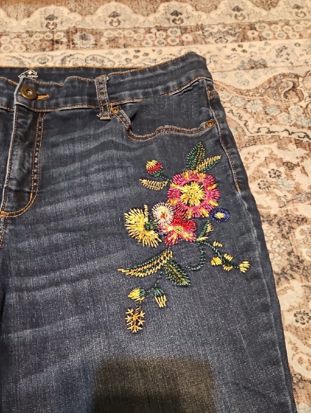 St. John's Bay Navy Straight-Leg Jeans with Pink & Yellow Floral Embroidery - Picture 3 of 7
